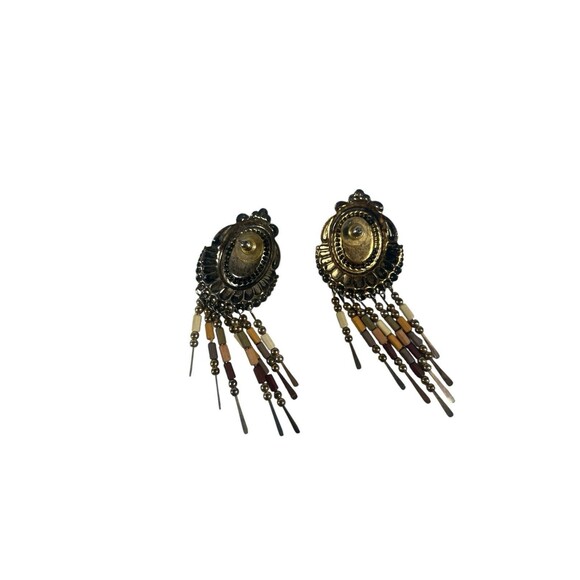 Vintage Bohemian Teardrop Dangle Earrings 4.75” Pierced Gold Tone Beaded Tassel - Picture 5 of 8
